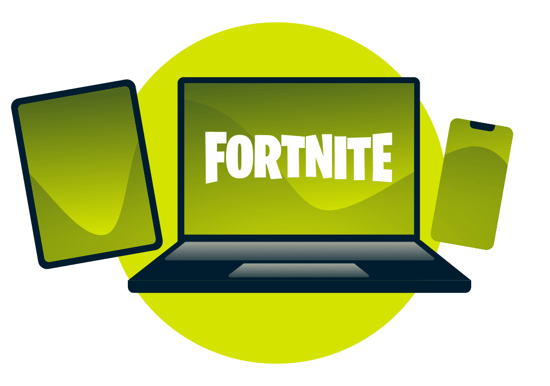 En r&aelig;kke forskellige enheder med Fortnite-logoet.