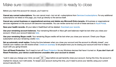 Microsoft's notification regarding deleting an account, showing the list of services a user will lose.